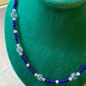 Glow in the Dark Beaded Necklace with Glass and Pearl Beads Handcrafted